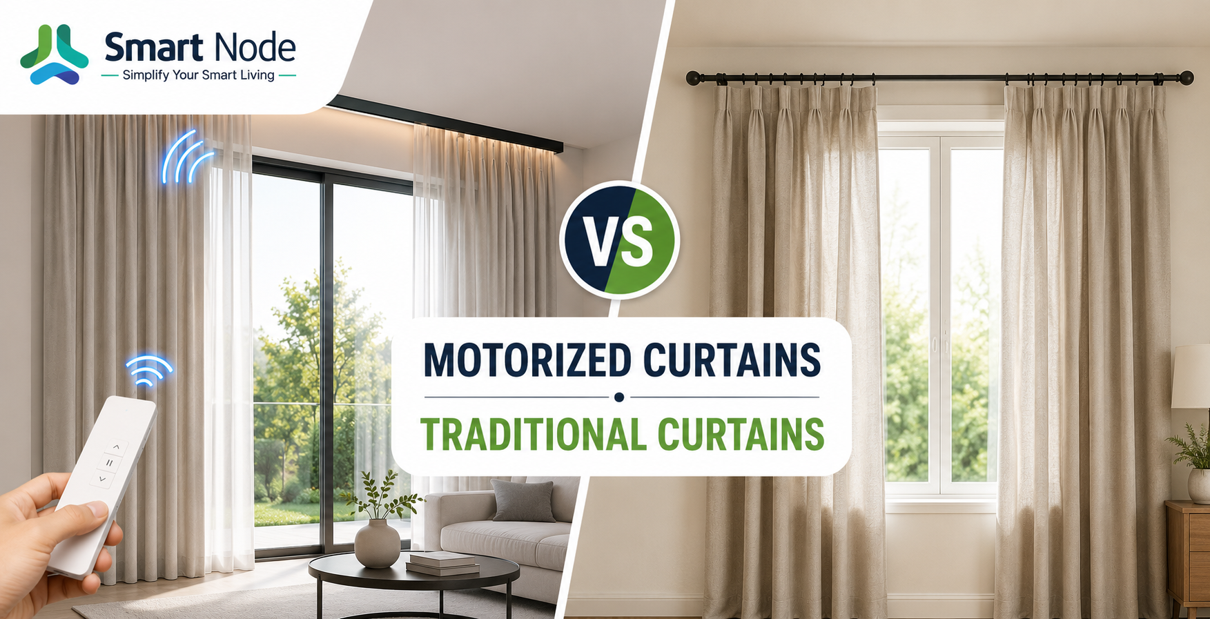 Motorized curtains with remote control opener installed in a modern Indian living room