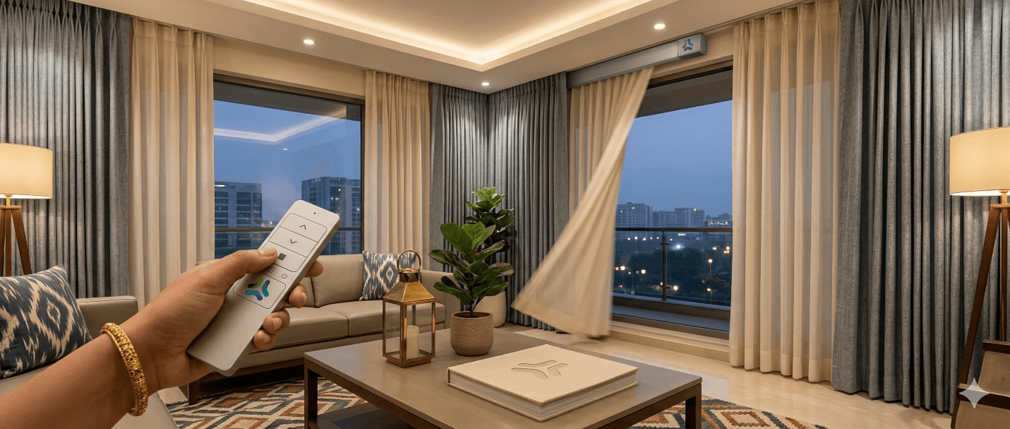 Motorized curtains with remote control opener installed in a modern Indian living room