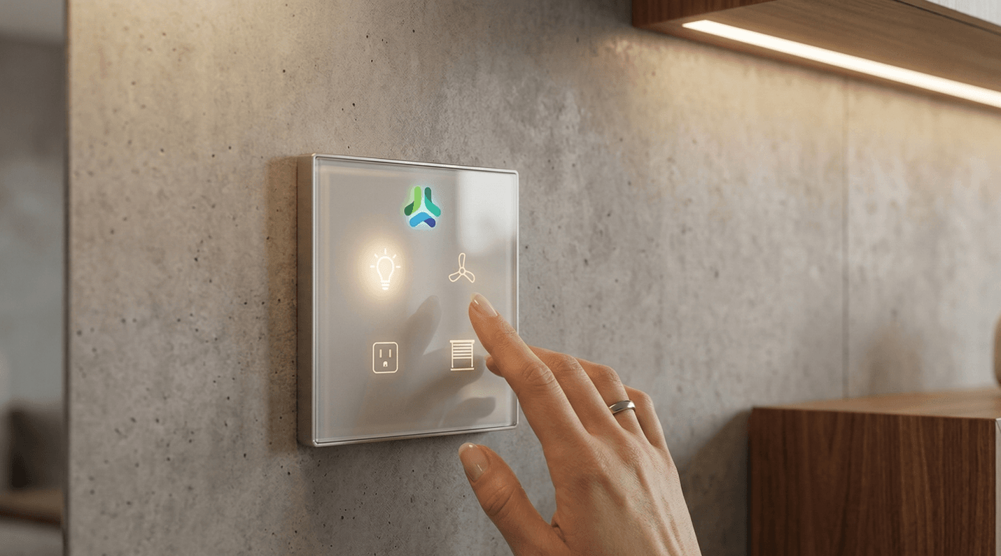Smart Node touch switch panel installed on a modern home wall replacing traditional switches